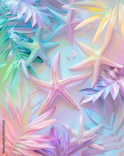 Cute colorful pastel starfishes and palm leaves background © Image