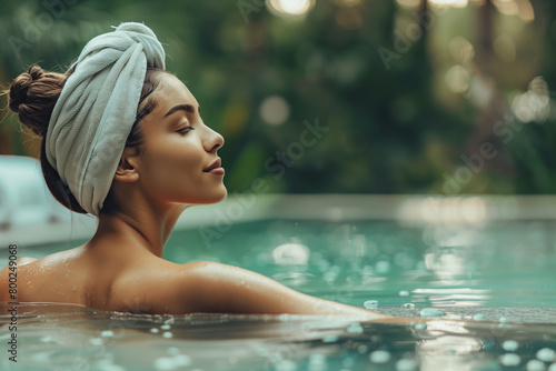 portrait of a woman in the pool witch copy space