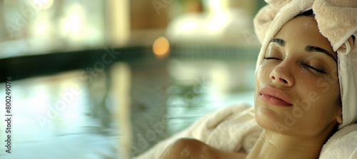 portrait of a woman relaxing by the pool at a spa, with copy space
