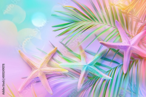 Cute colorful pastel starfishes and palm leaves background © Image