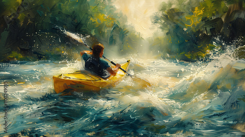 Man kayaking on river. Generative AI