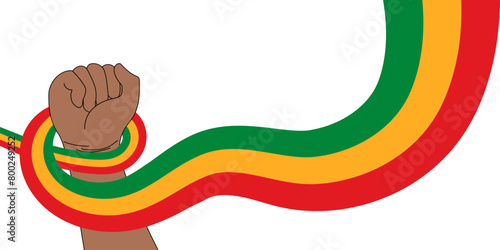 A hand drawn fist wrapped in a wavy ribbon in the colors of the Juneteenth isolated on transparent background. Freedom Day. June 19. Vector illustration