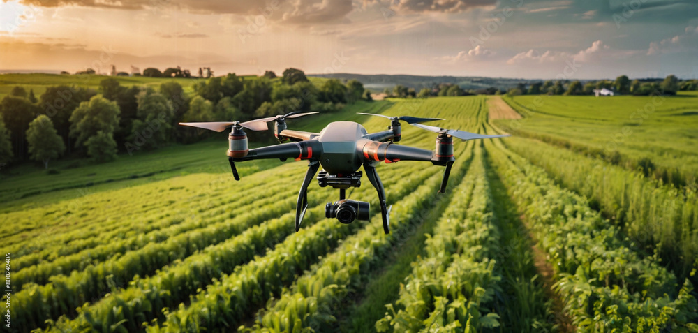 Agriculture drone flying above vegetable farm and spraying fertilizer. Smart and precision farming, Agricultural technology concept Agriculture drone flying above vegetable farm and spraying fertilizer. Smart and precision farming, Agricultural technology concept