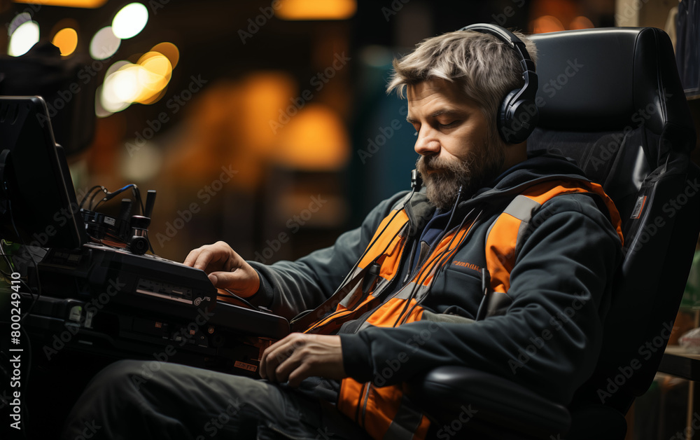 Man sitting in chair using laptop computer. Generative AI Man sitting in chair using laptop computer. Generative AI