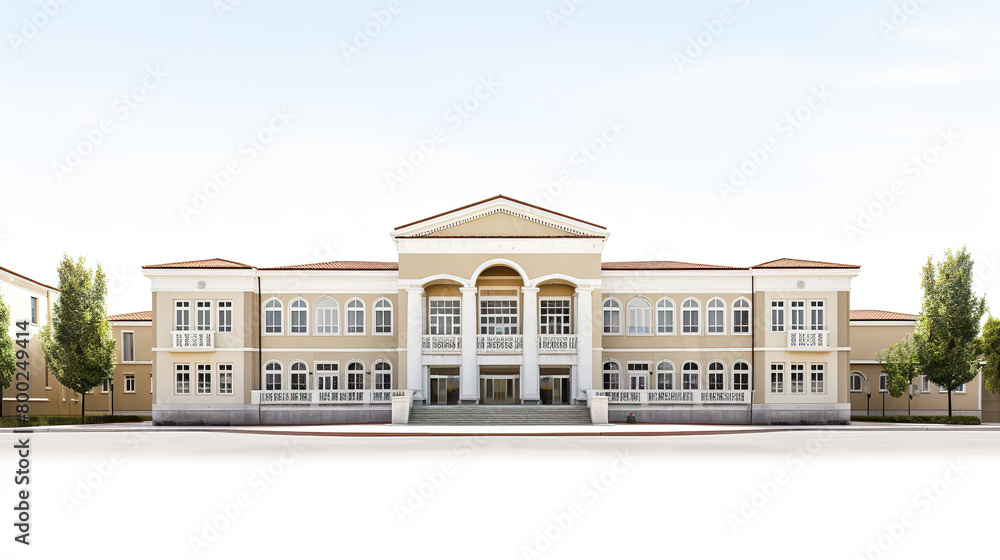 Isolated on a stark white background, a large school building scene