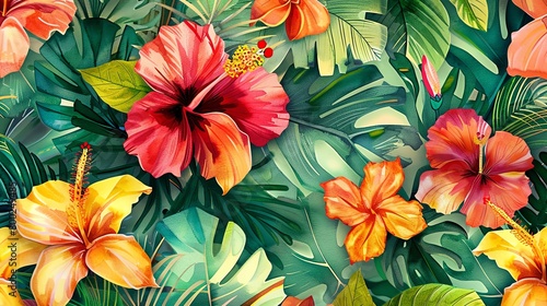 Tropical flowers pattern, watercolor style, bright and bold hues, closeup perspective