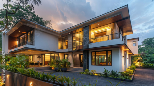 Modern house with white walls and dark brown accents  sleek design  large windows  greenery around  illuminated by warm lights at night  front view.