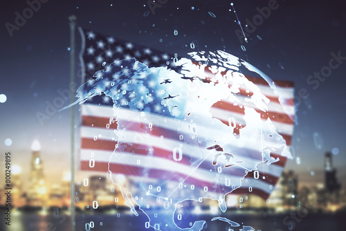 Multi exposure of abstract creative coding sketch and world map on USA flag and blurry cityscape background, artificial intelligence and neural networks concept