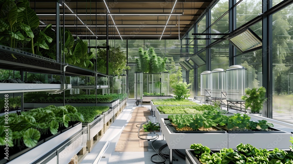 A contemporary greenhouse with automated climate control and hydroponic systems 32k, full ultra hd, high resolution
