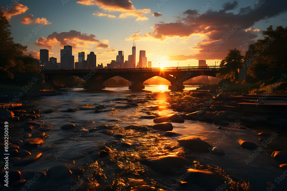 Landscape large steel bridge at orange sunset evening at lake city background. Colorful landscape with city, forest, lagoon, reflection in water. Realistic clipart template pattern. Abstract Texture Landscape large steel bridge at orange sunset evening at lake city background. Colorful landscape with city, forest, lagoon, reflection in water. Realistic clipart template pattern. Abstract Texture