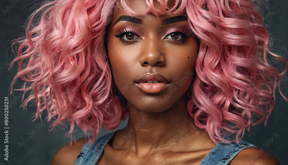 Portrait of a woman with pink hair with a pink background