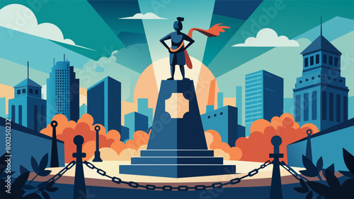 A towering sculpture of broken shackles p in the heart of a bustling city square symbolizing the triumph over slavery and the pursuit of freedom on. Vector illustration