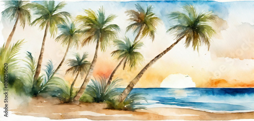 Holiday summer travel vacation illustration - Watercolor painting of palms  palm tree on the beach