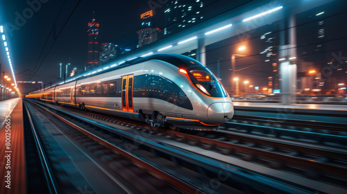 Futuristic high-speed train. Modern engineering and design. Sleek and aerodynamic, as it speeds along its elevated tracks. Design concept. © steve