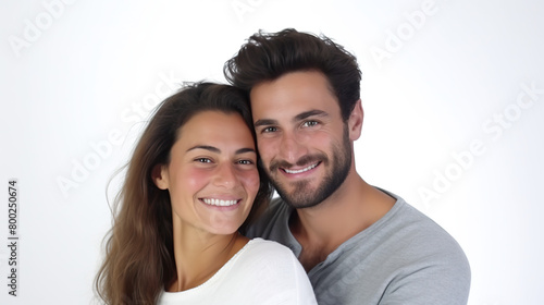 Happy couple in a medium shot cuddling against a stark white background