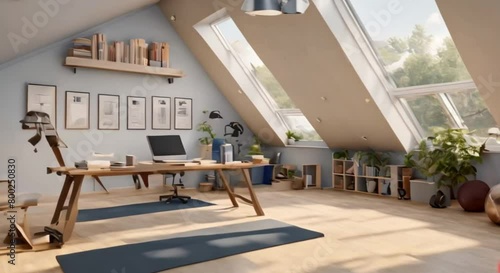 Spacious 3d attic space with large front window and skylights on both sides photo
