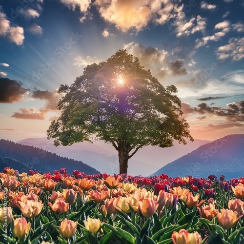 a photograph of a tulip tree into a mesmerizing digital collage using advanced AI techniques."