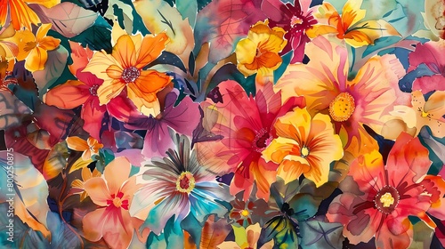 Watercolor painting of a vibrant mixed floral pattern, delicate brushstrokes, birdseye view