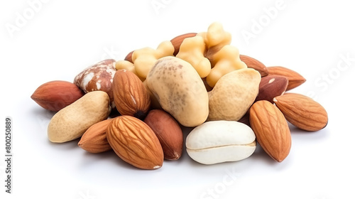 Close-up isolated on a white background, mixed with peeled and unpeeled pitachio nuts photo