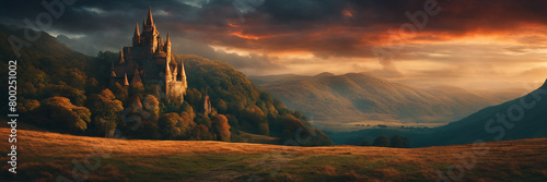 Fantasy landscape painting, castle and village, imaginary world