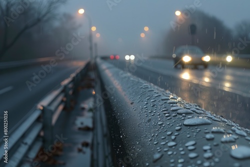 One the side of an empty road with fog and raindrops on a concrete guardrail