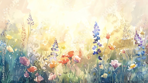 Watercolor wildflower meadow, various species, soft lighting, eyelevel camera angle