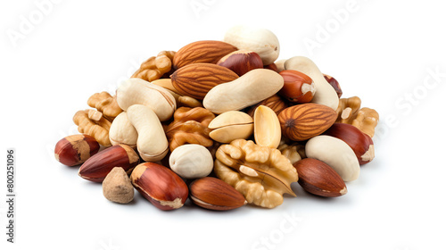 Close-up isolated on a white background, mixed with peeled and unpeeled pitachio nuts