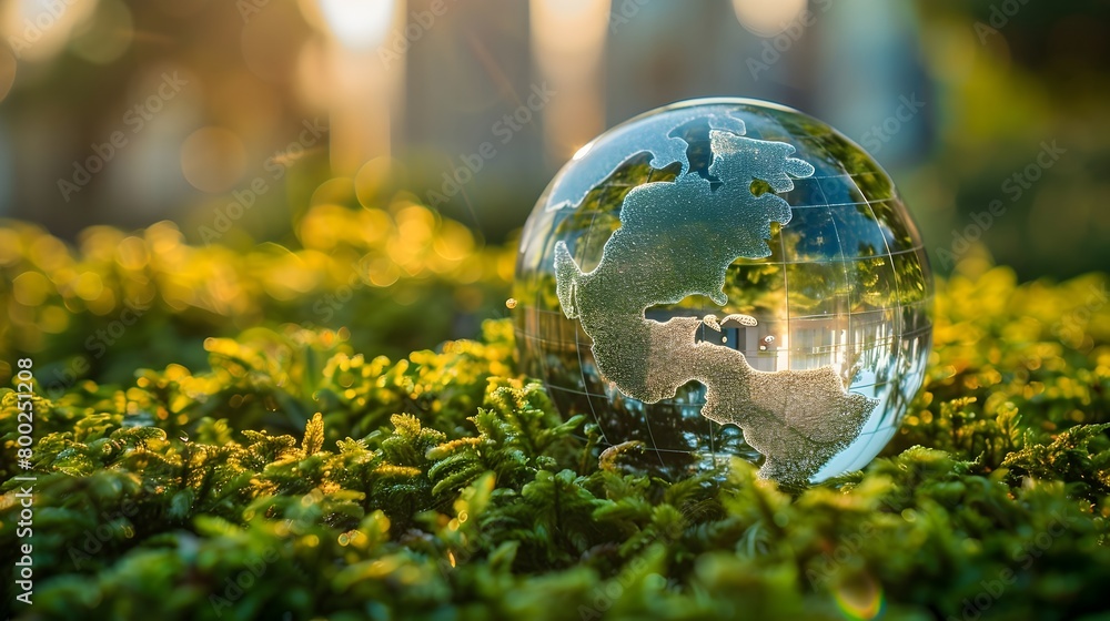Glass globe on lush green field sustainable future concept generative ai Glass globe on lush green field sustainable future concept generative ai