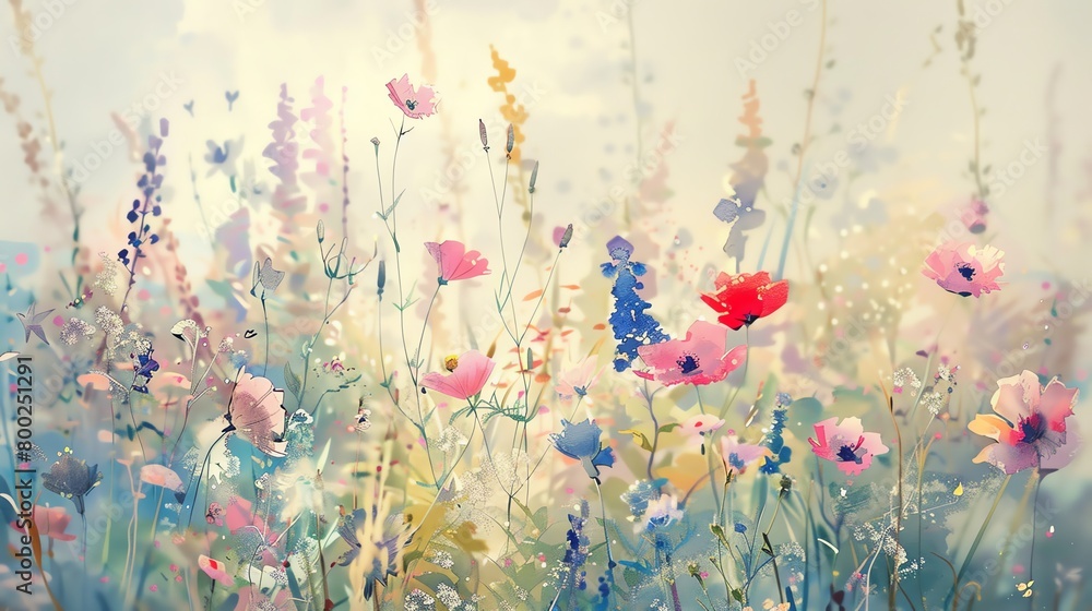 Watercolor wildflower meadow, various species, soft lighting, eyelevel camera angle