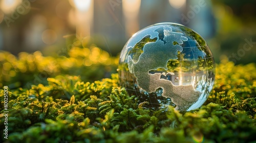 Glass globe on lush green field sustainable future concept generative ai