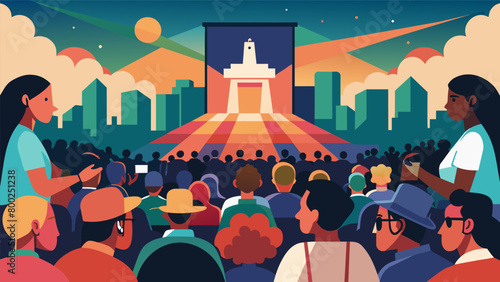 Against the backdrop of a historical monument a large crowd watches a documentary recounting the struggles and triumphs of the Juneteenth movement.. Vector illustration