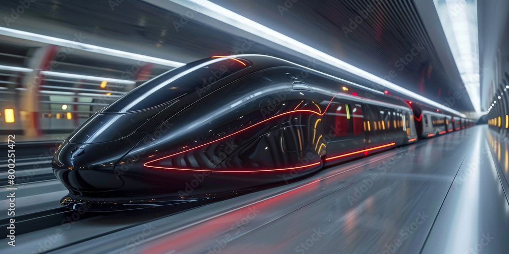 Futuristic high-speed train. Modern engineering and design. Sleek and aerodynamic, as it speeds along its elevated tracks. Design concept.