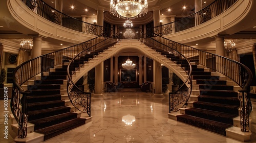 A grand foyer with a double staircase and a dramatic chandelier 32k, full ultra hd, high resolution