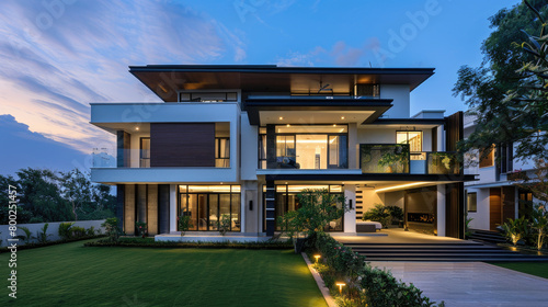 Modern house with white walls and dark brown accents, sleek design, large windows, greenery around, illuminated by warm lights at night, front view. © Kien