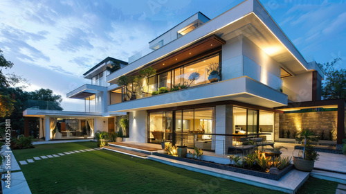 Modern house with white walls and dark brown accents, sleek design, large windows, greenery around, illuminated by warm lights at night, front view. © Kien