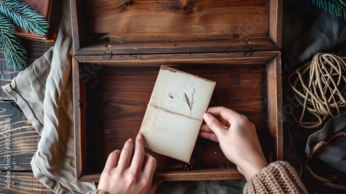 table top view a pair of women hands open the vintage wooden box and takes out the greeting card generative ai photo