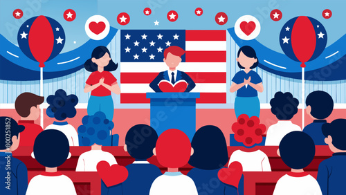 The school auditorium is transformed with red white and blue decorations as students proudly recite patriotic poems they have written themselves. Vector illustration