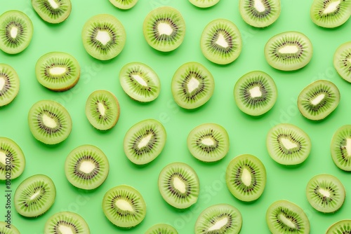 Kiwi slices on tropical green background Minimal summer pattern with flat lay and trendy color