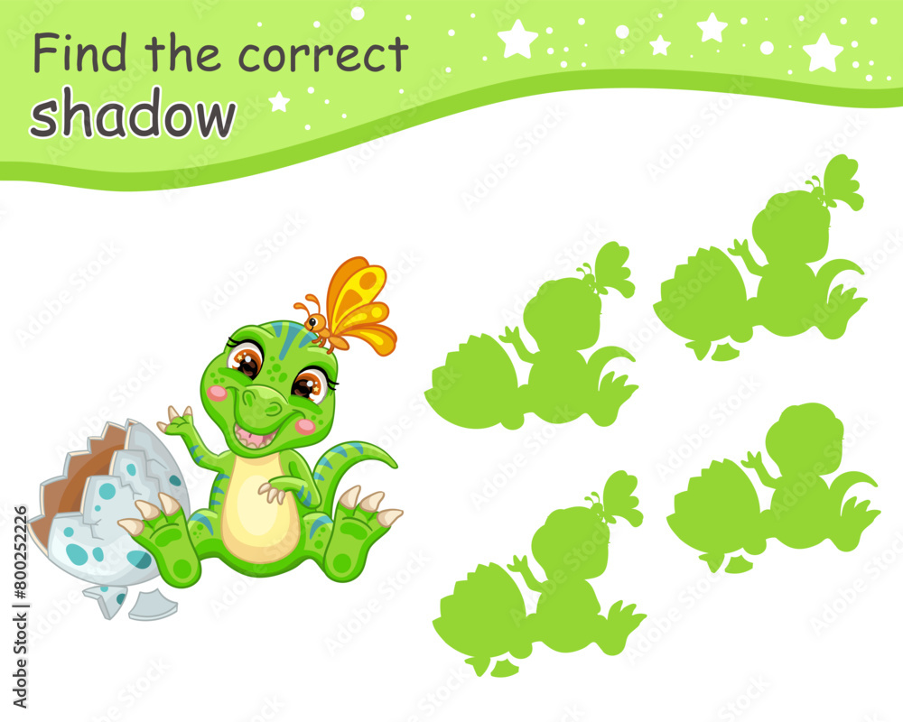Obraz premium Find correct shadow of green baby dinosaur vector illustration