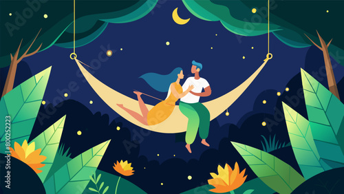 The gentle sway of a hammock sets the rhythm as a pair of lovers dance their way into the night a canopy of fireflies lighting their way.. Vector illustration