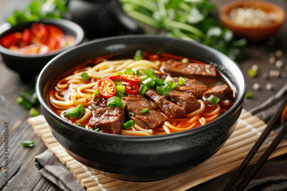 Lanzhou beef noodle soup with sliced beef served in a bowl on table
