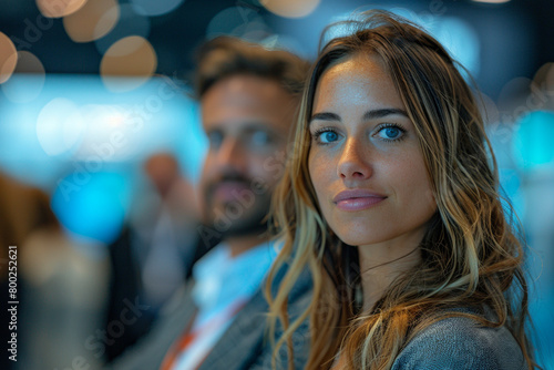 A businessman and businesswoman attending a trade show, networking with industry partners and exploring new business opportunities