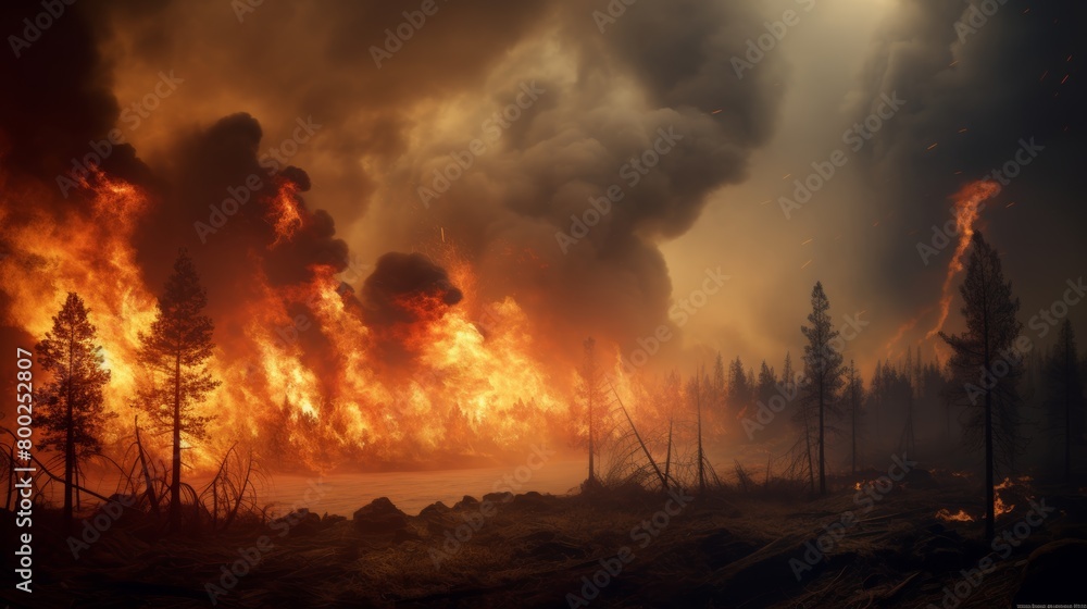 A powerful image of a raging wildfire engulfing a forest, capturing the destructive force of climate-induced extreme weather events.