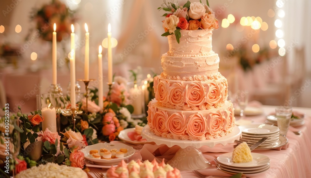 Large peach wedding cake on table