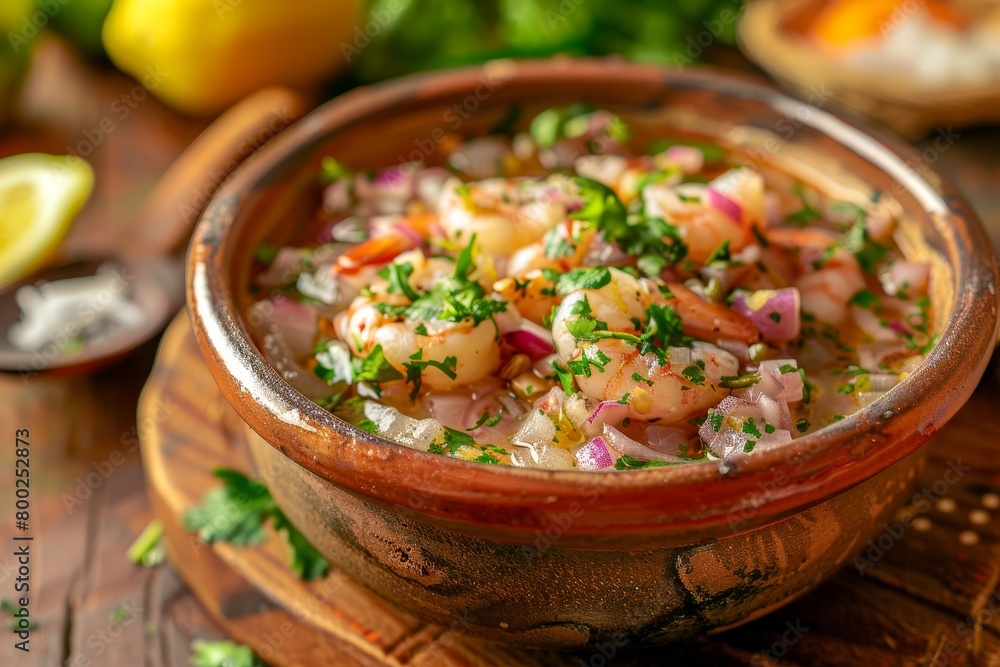 Latin American seafood ceviche with shellfish lemon cilantro and onion served in a clay bowl Traditional Peruvian or Chilean dish