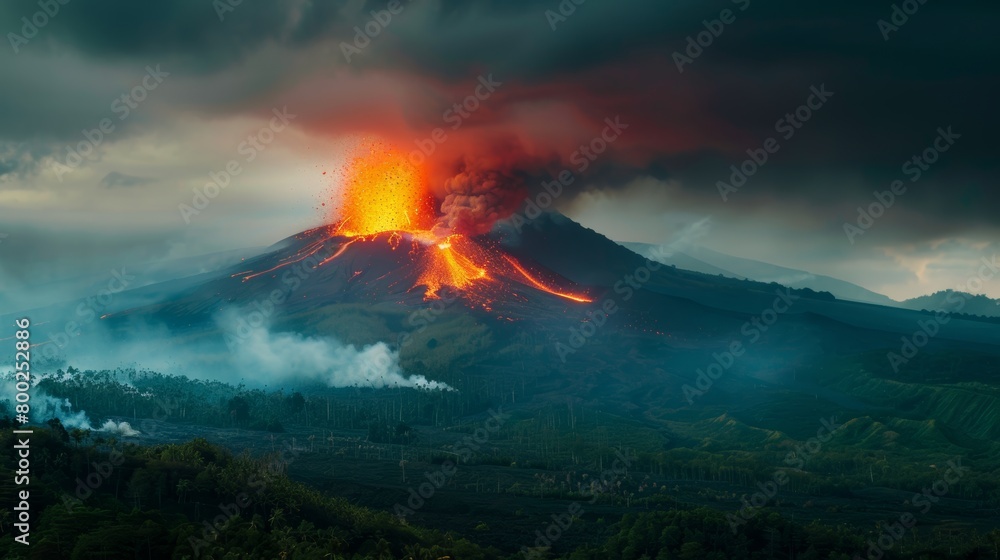 A powerful image of a volcanic eruption captured from a safe distance, showcasing the raw power of nature.