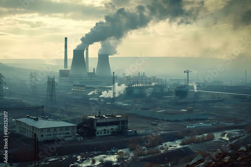 Wide shot of industrial complex with nuclear reactor cooling towers and smokestacks. Concept Industrial Complex  Nuclear Reactor Cooling Towers  Smokestacks  Wide Shot  Urban Landscape