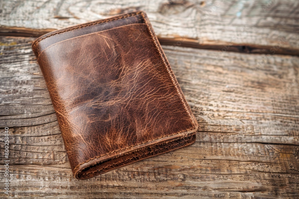 Leather wallet against wood backdrop Leather wallet against wood backdrop