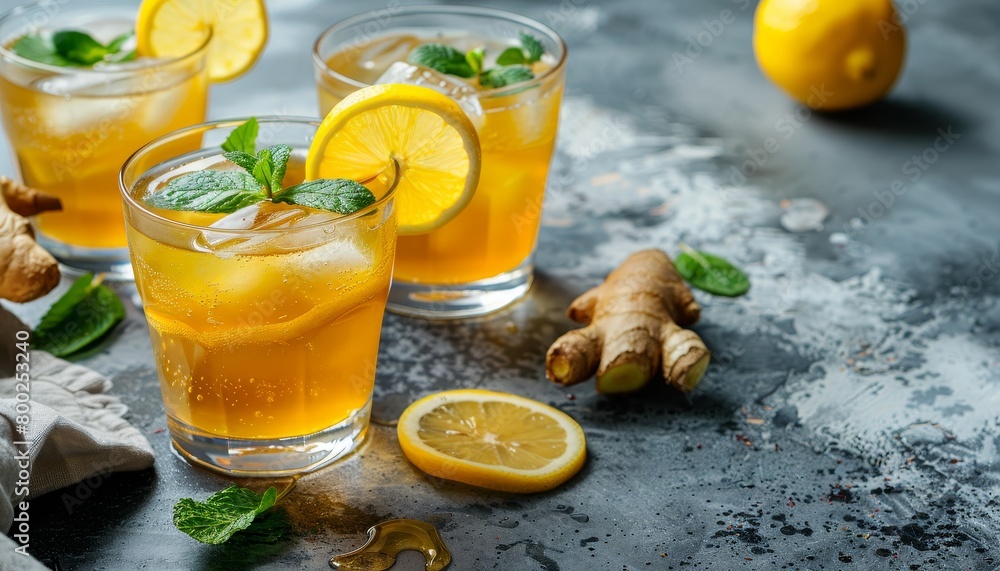 Lemon ginger tea with honey in glasses space for text