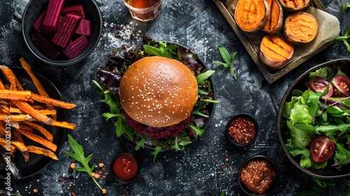 Appetizing Vegan Burger with Sweet Potato Fries and Fresh Salad on Rustic Table